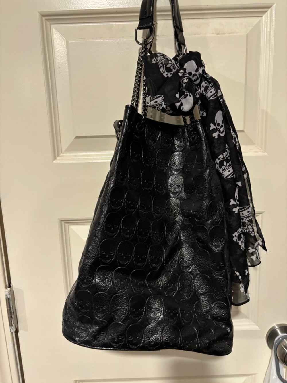 Black Skull-Embossed Women’s Tote Bag with Skull Scarf
